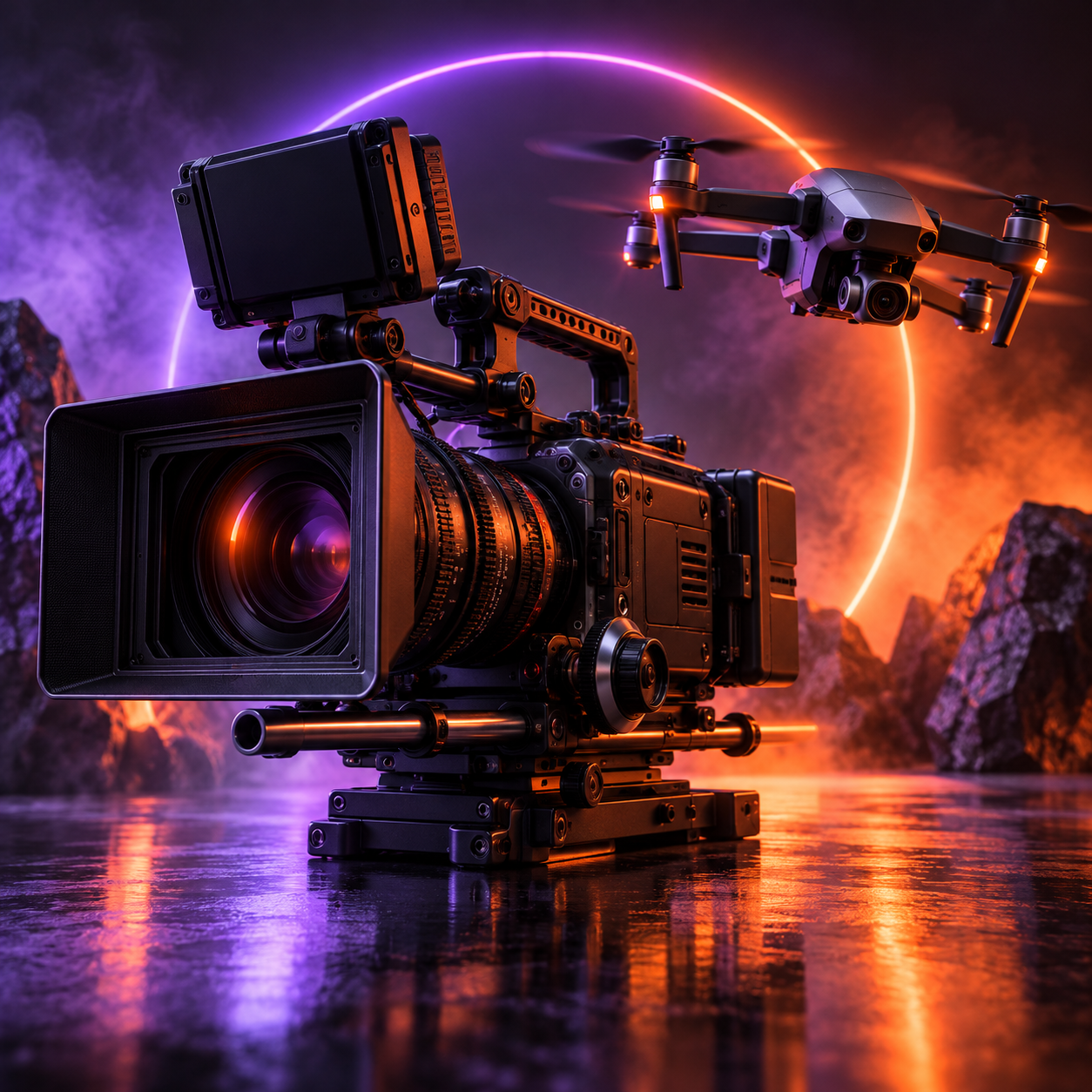 Câmera profissional e drone de filmagem