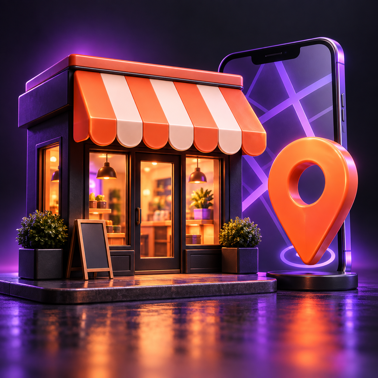 Ilustração de loja local, celular e localização